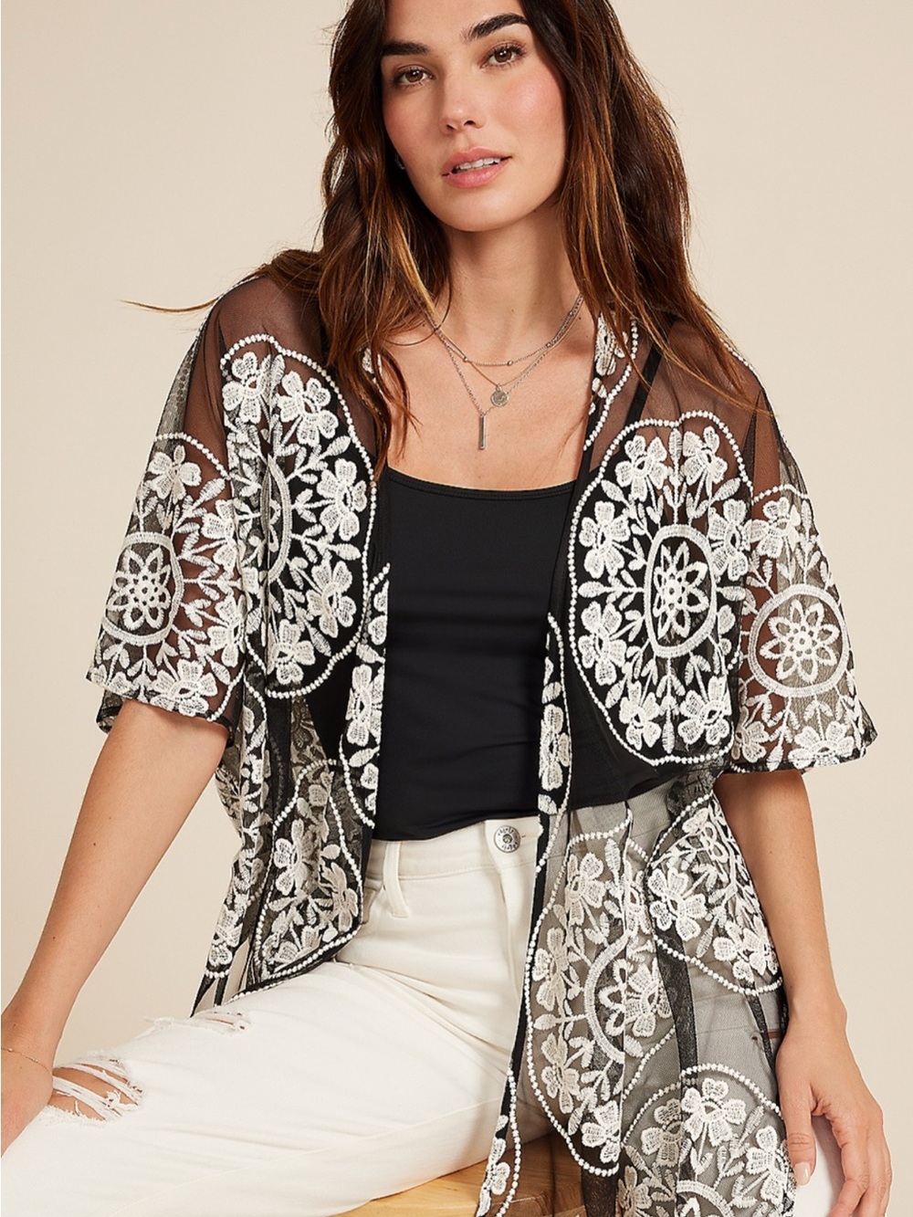 Maurice's black and white floral kimono / one size